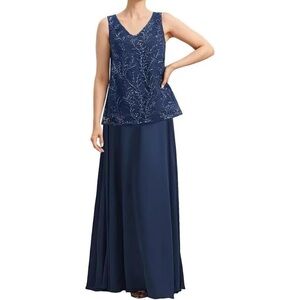 Alex Evenings Sleeveless V-Neck Formal Gown Maxi Dress Navy Blue 14